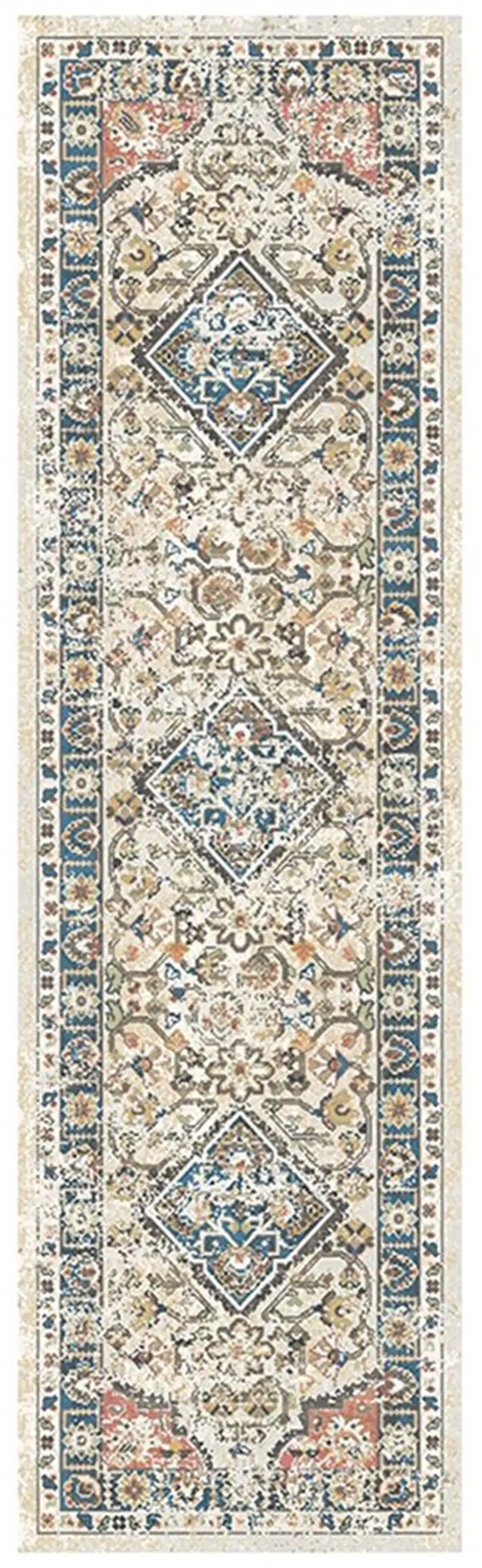 8' Beige Oriental Distressed Runner Rug With Fringe Photo 2