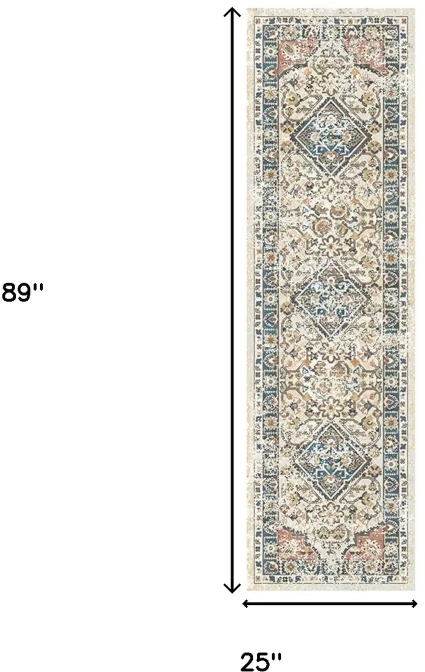 8' Beige Oriental Distressed Runner Rug With Fringe Photo 5