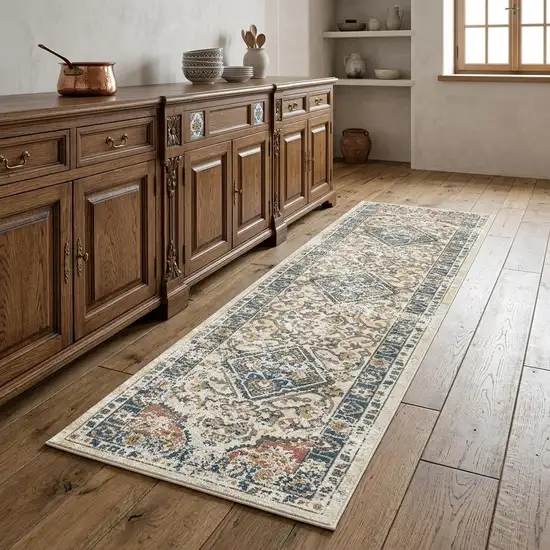 8' Beige Oriental Distressed Runner Rug With Fringe Photo 1