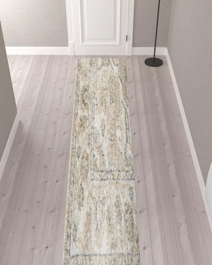 12' Beige Oriental Power Loom Washable Runner Rug Photo 2