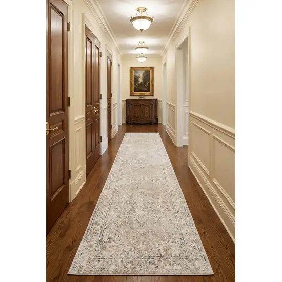 12' Beige Oriental Power Loom Washable Runner Rug Photo 1