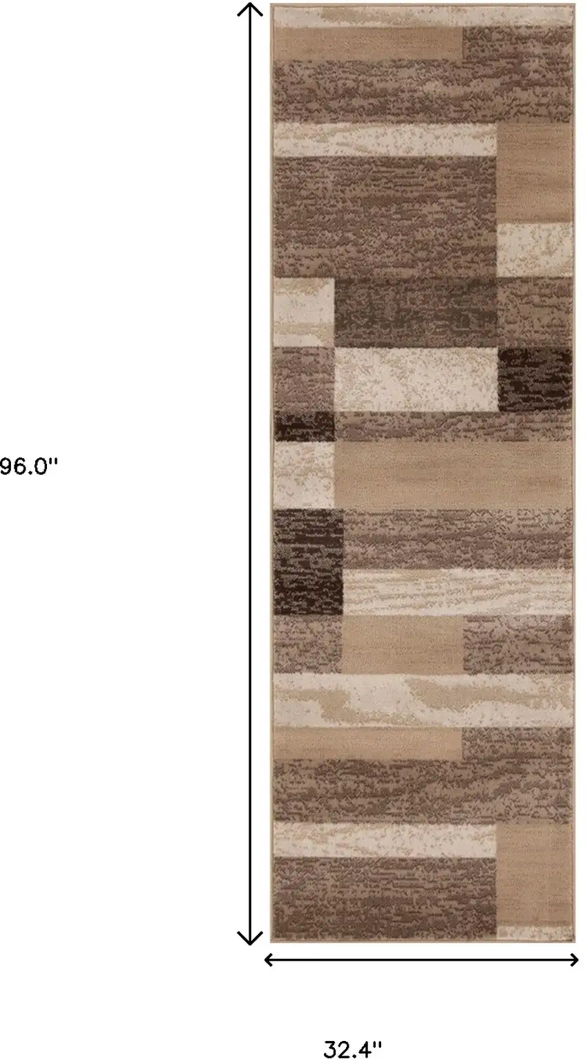 8' Beige Patchwork Power Loom Stain Resistant Runner Rug Photo 6