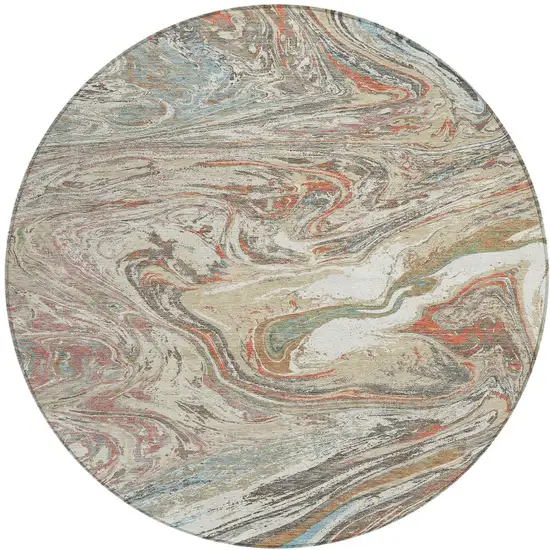 8' Beige Pink And Blue Round Abstract Washable Indoor Outdoor Area Rug Photo 6