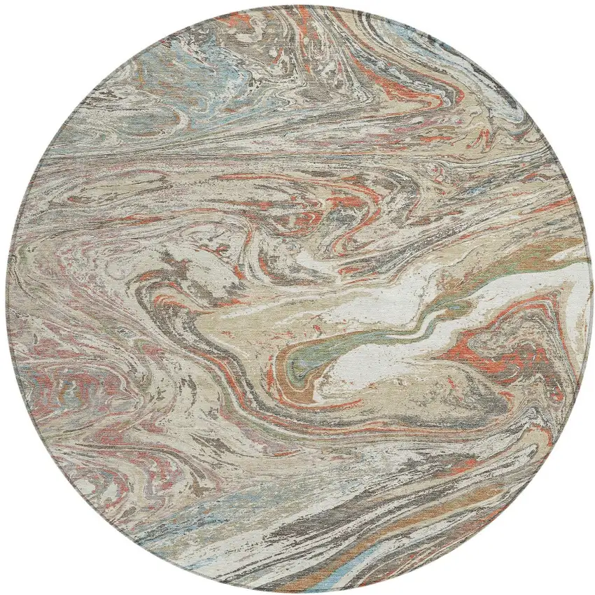 8' Beige Pink And Blue Round Abstract Washable Indoor Outdoor Area Rug Photo 6