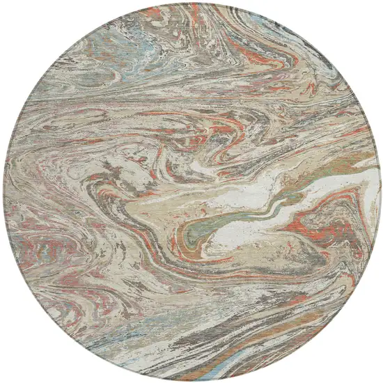 8' Beige Pink And Blue Round Abstract Washable Indoor Outdoor Area Rug Photo 2