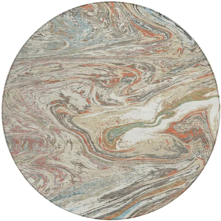 8' Beige Pink And Blue Round Abstract Washable Indoor Outdoor Area Rug Photo 2