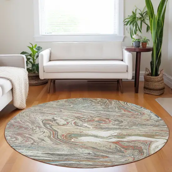 8' Beige Pink And Blue Round Abstract Washable Indoor Outdoor Area Rug Photo 9