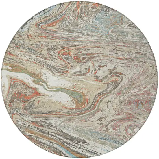 8' Beige Pink And Blue Round Abstract Washable Indoor Outdoor Area Rug Photo 7