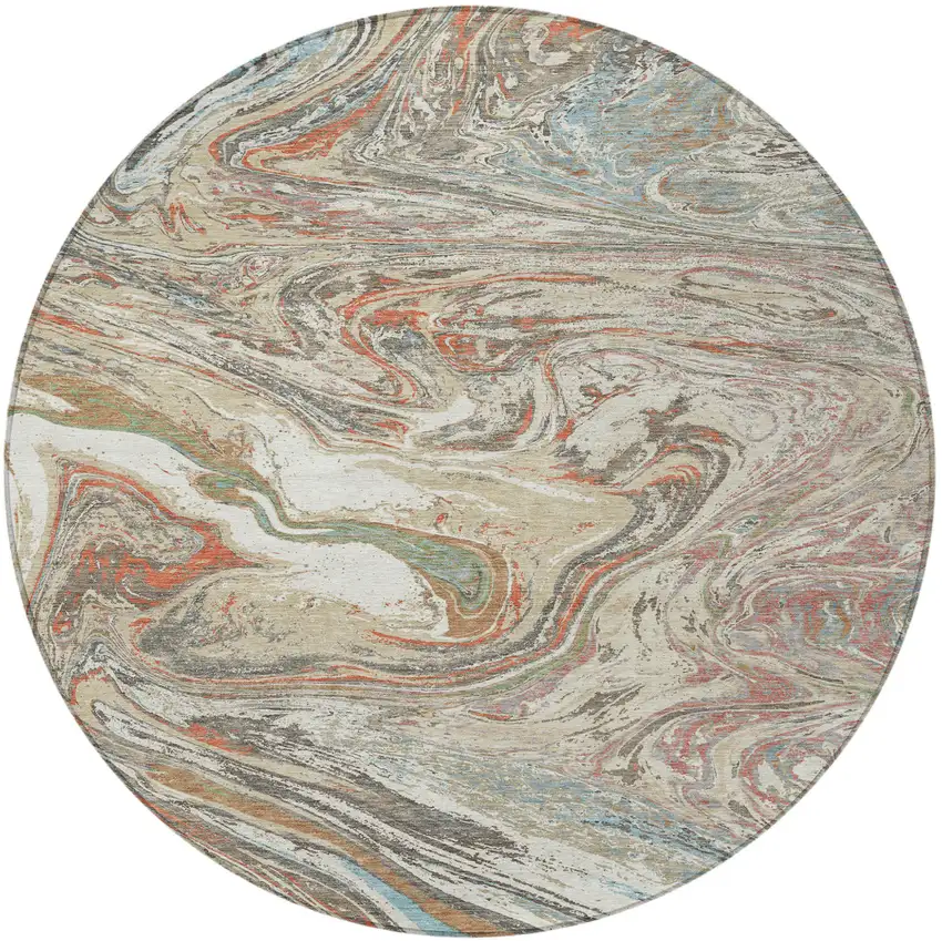8' Beige Pink And Blue Round Abstract Washable Indoor Outdoor Area Rug Photo 7