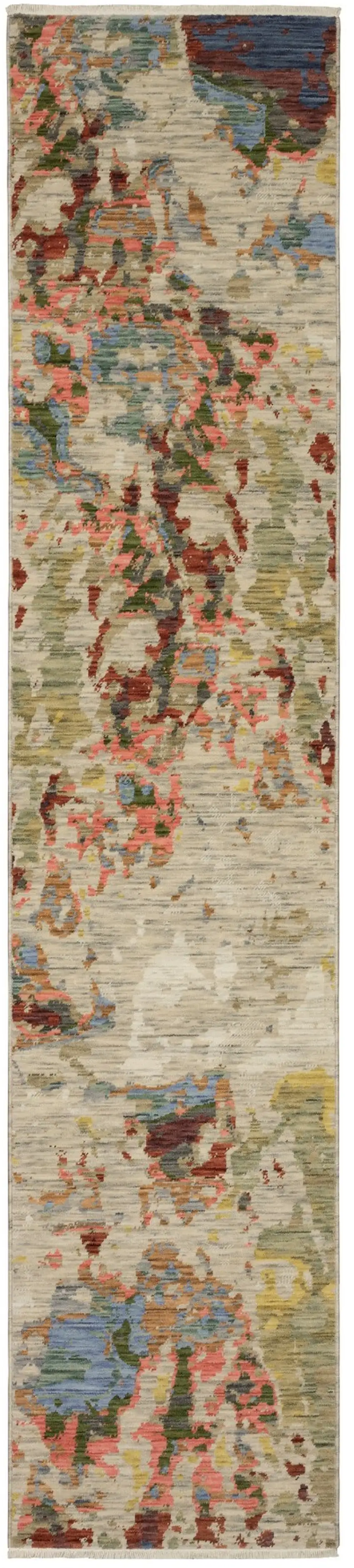 12' Beige Pink And Yellow Abstract Runner Rug With Fringe Photo 2