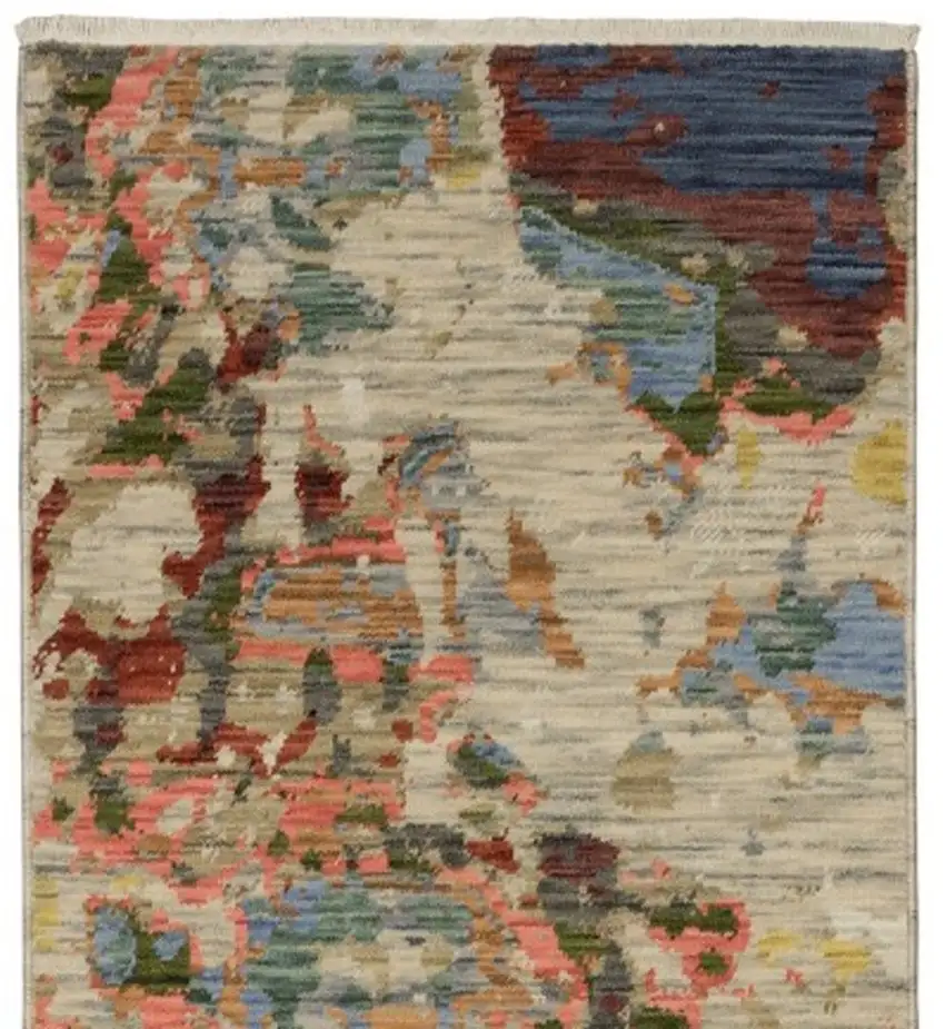 12' Beige Pink And Yellow Abstract Runner Rug With Fringe Photo 4