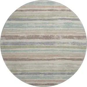Photo of 8' Beige Plum And Ivory Striped Washable Round Rug With UV Protection