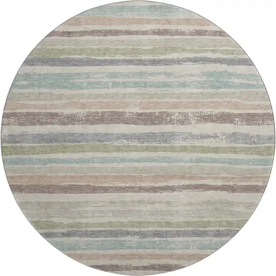 8' Beige Plum And Ivory Striped Washable Round Rug With UV Protection Photo 1