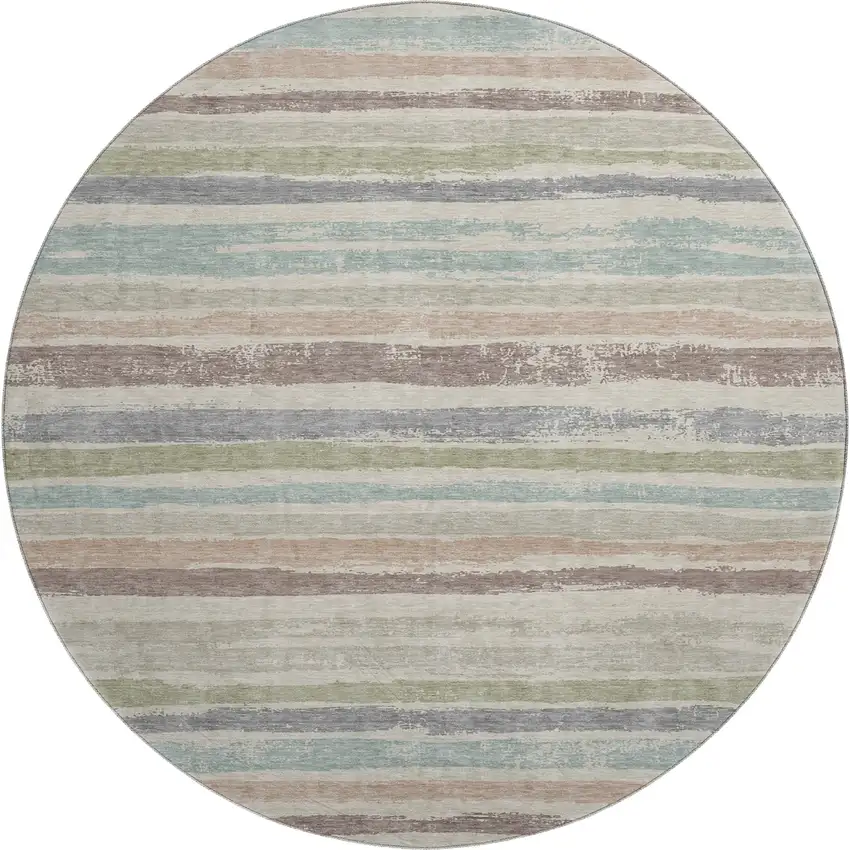 8' Beige Plum And Ivory Striped Washable Round Rug With UV Protection Photo 1