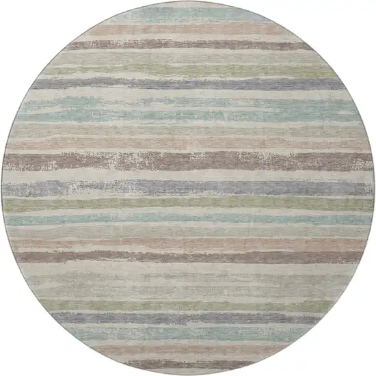 8' Beige Plum And Ivory Striped Washable Round Rug With UV Protection Photo 3