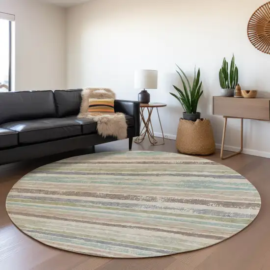 8' Beige Plum And Ivory Striped Washable Round Rug With UV Protection Photo 4