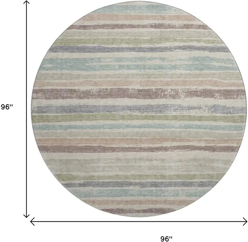 8' Beige Plum And Ivory Striped Washable Round Rug With UV Protection Photo 9