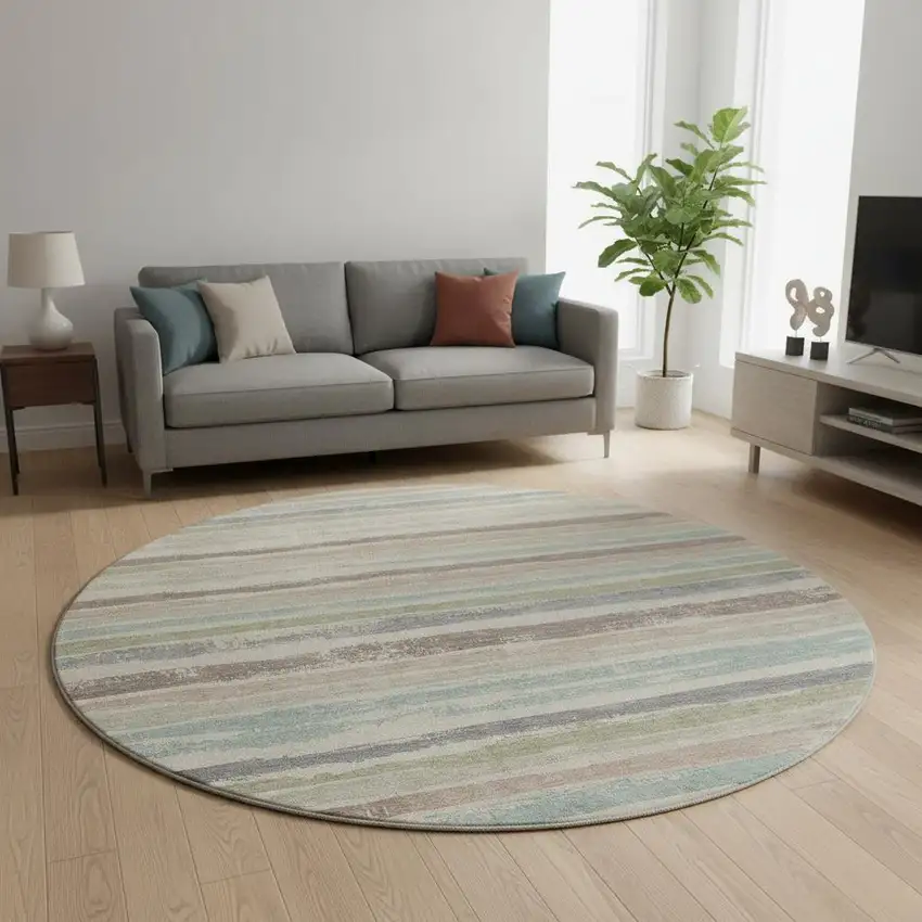 8' Beige Plum And Ivory Striped Washable Round Rug With UV Protection Photo 2