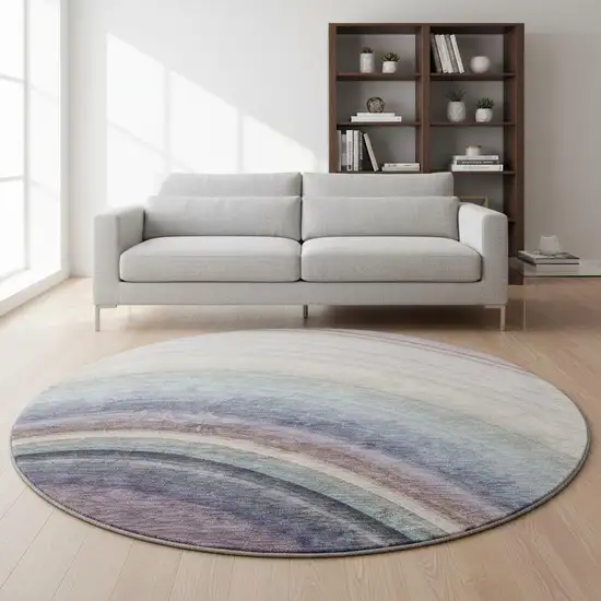 8' Beige Purple And Blue Ombre Washable Round Rug With UV Protection Photo 2