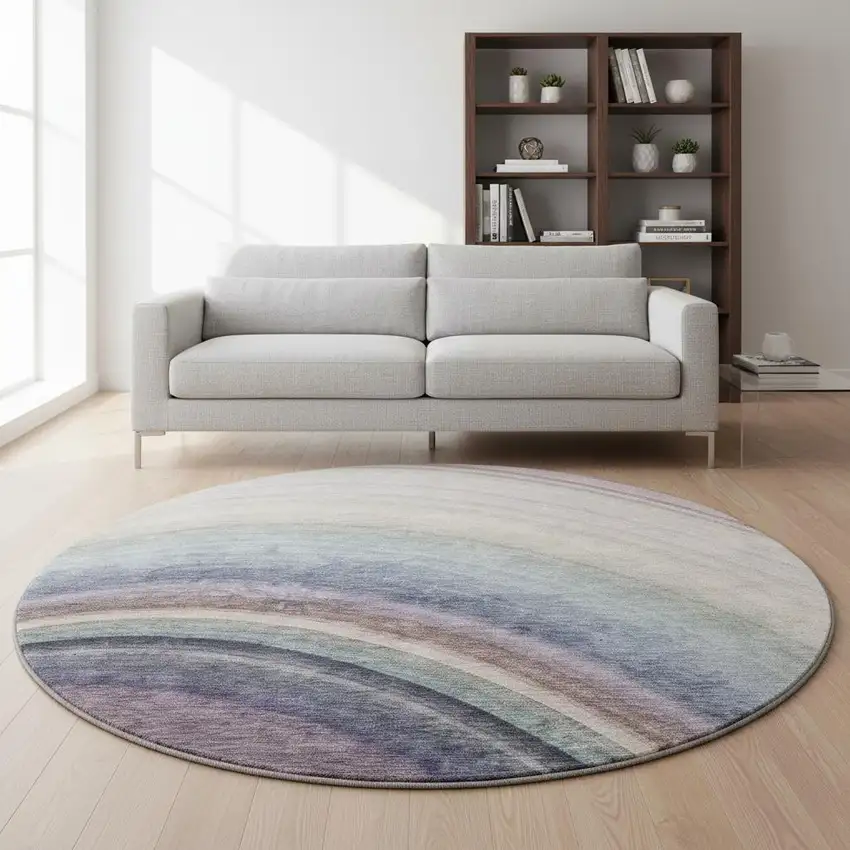 8' Beige Purple And Blue Ombre Washable Round Rug With UV Protection Photo 2