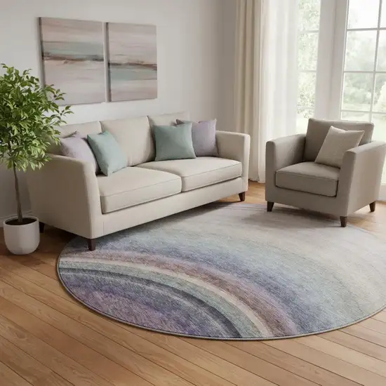 8' Beige Purple And Blue Ombre Washable Round Rug With UV Protection Photo 1