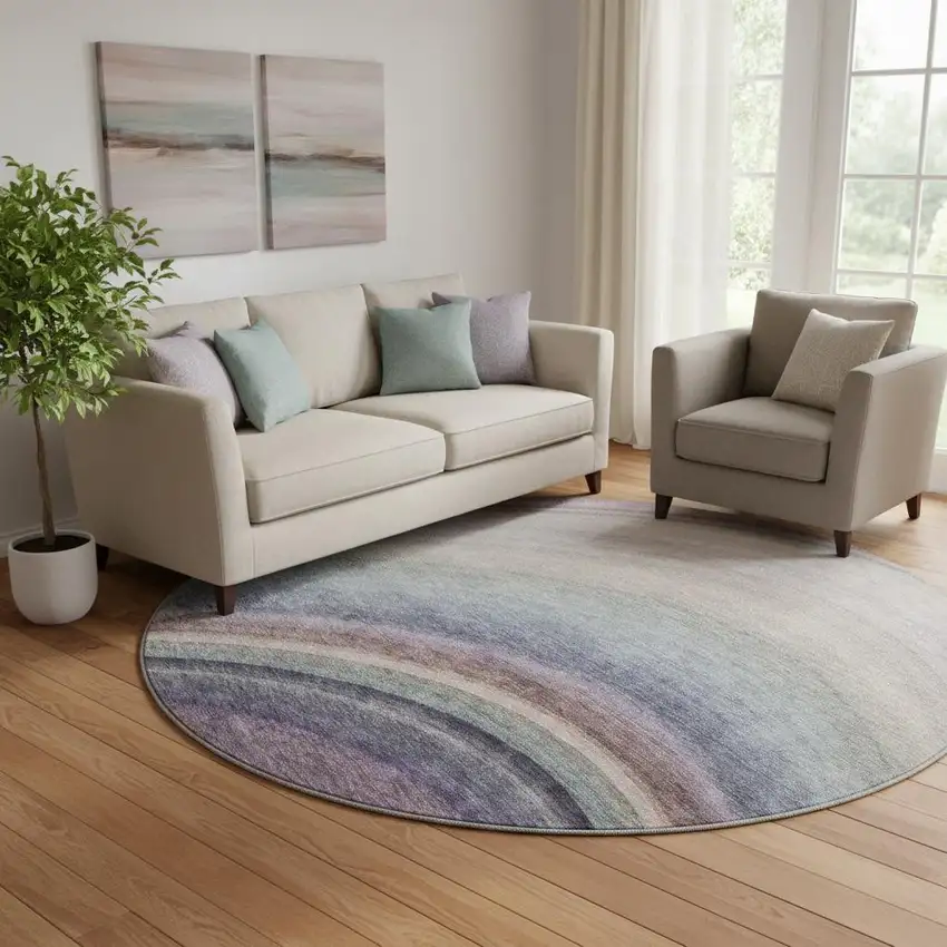 8' Beige Purple And Blue Ombre Washable Round Rug With UV Protection Photo 1