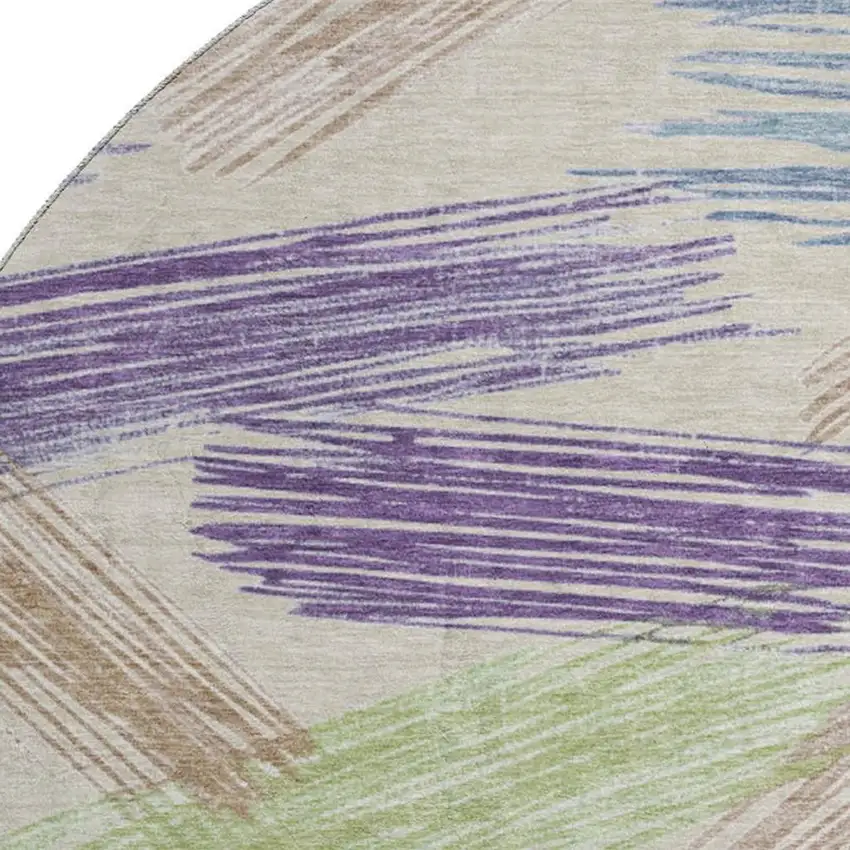 8' Beige Purple And Mint Green Striped Washable Round Rug With UV Protection Photo 2