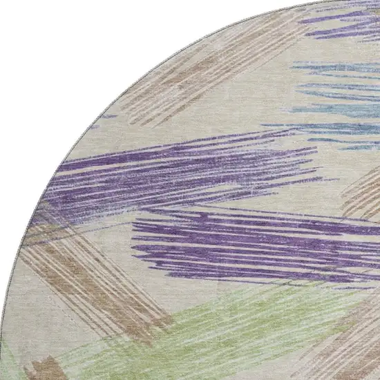 8' Beige Purple And Mint Green Striped Washable Round Rug With UV Protection Photo 4