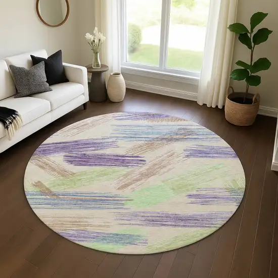 8' Beige Purple And Mint Green Striped Washable Round Rug With UV Protection Photo 4