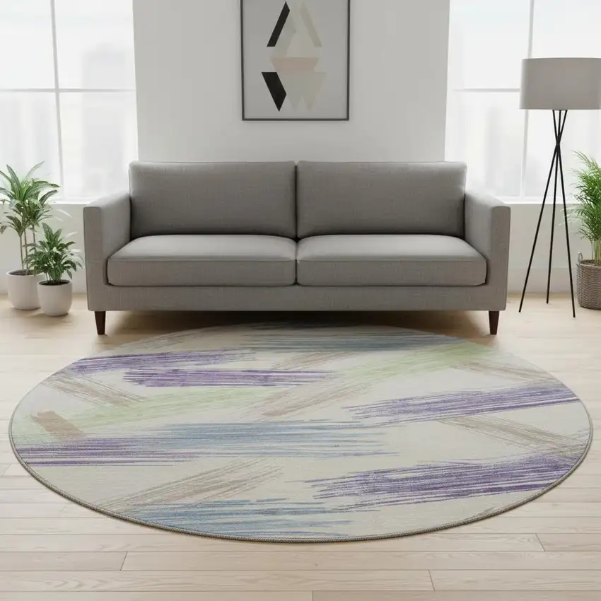 8' Beige Purple And Mint Green Striped Washable Round Rug With UV Protection Photo 2