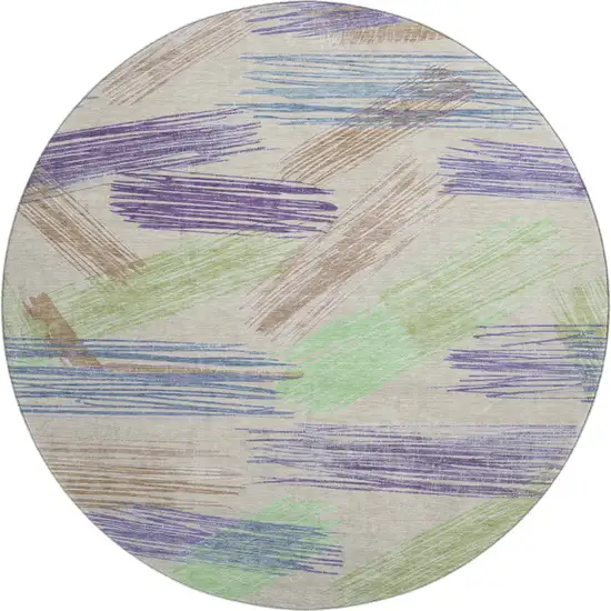 8' Beige Purple And Mint Green Striped Washable Round Rug With UV Protection Photo 1
