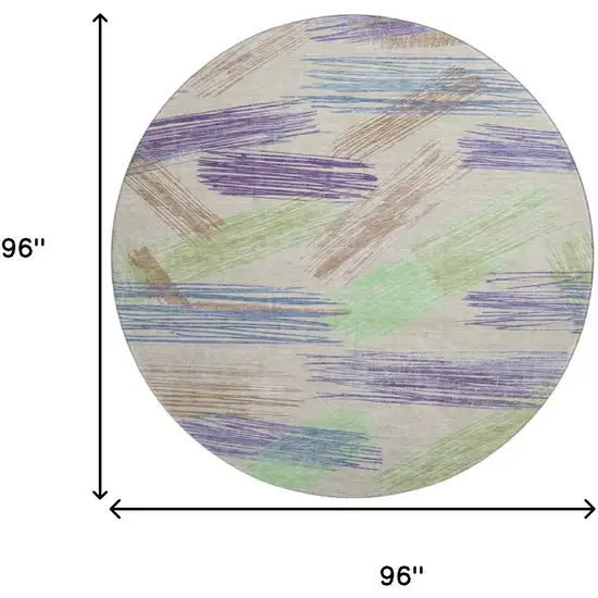 8' Beige Purple And Mint Green Striped Washable Round Rug With UV Protection Photo 9