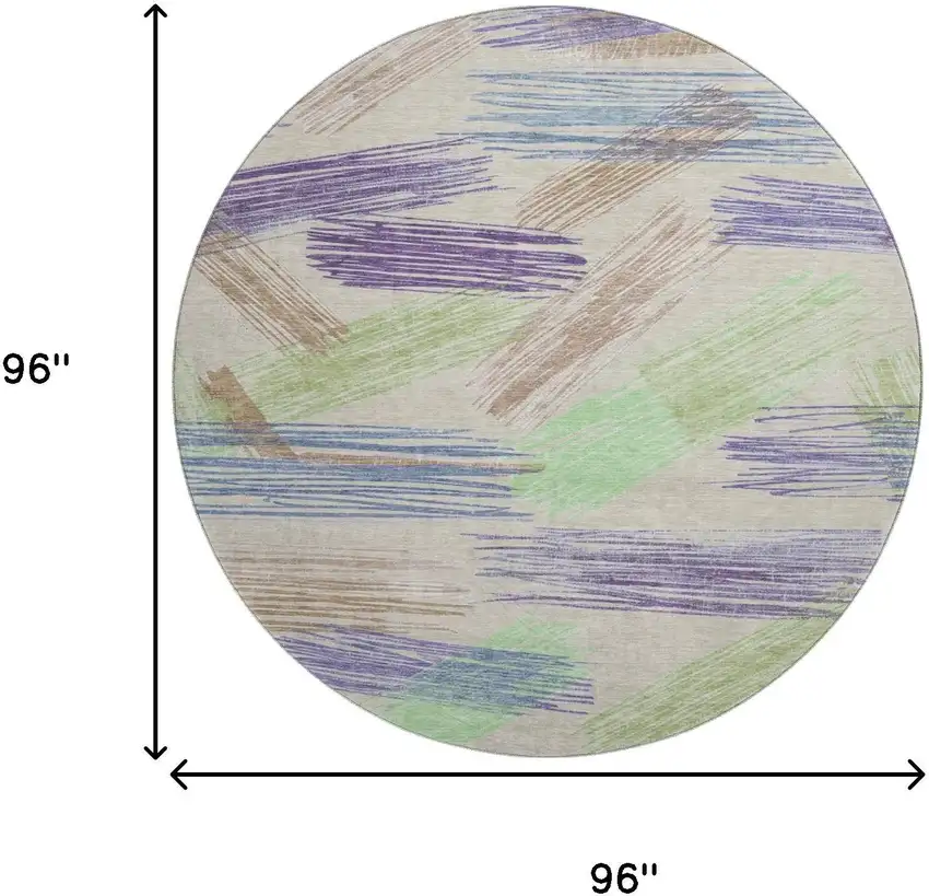 8' Beige Purple And Mint Green Striped Washable Round Rug With UV Protection Photo 9