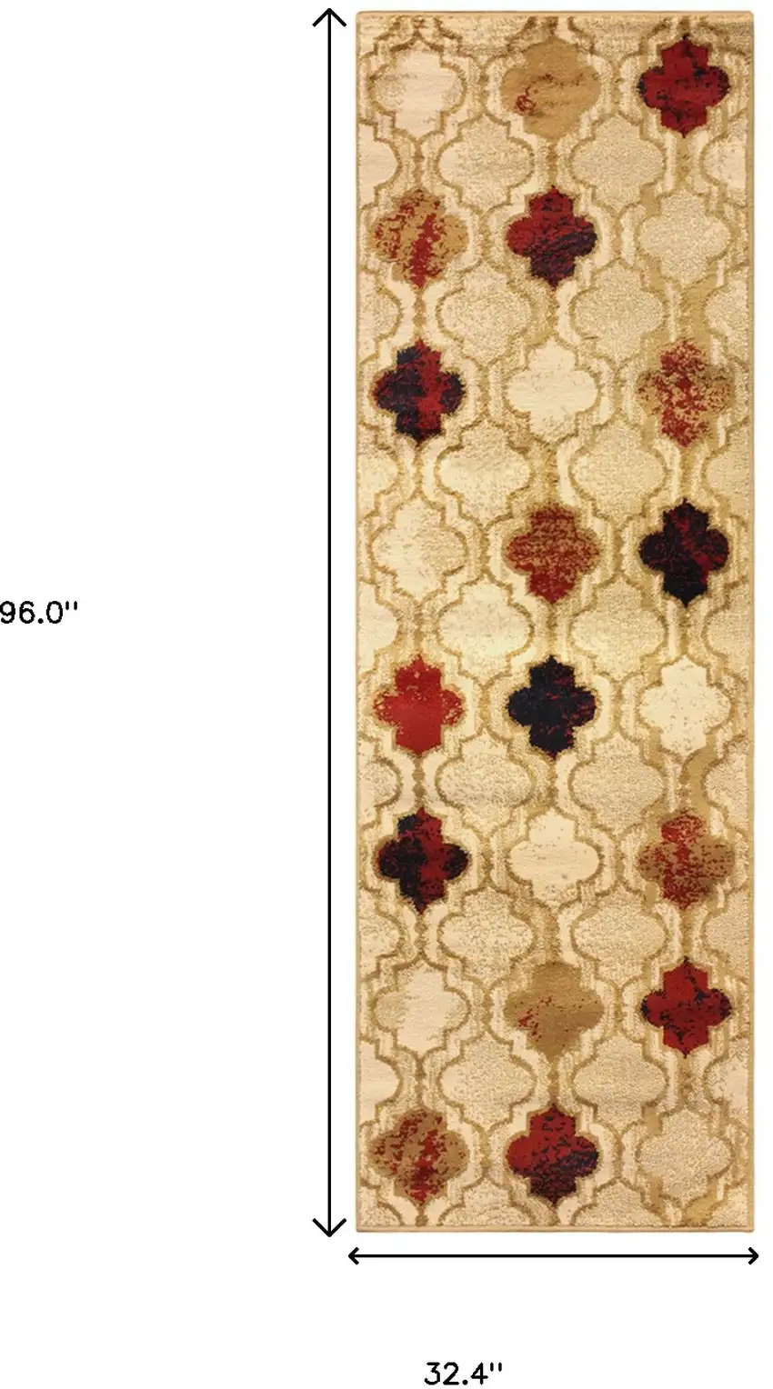 8' Beige Quatrefoil Power Loom Distressed Stain Resistant Runner Rug Photo 6