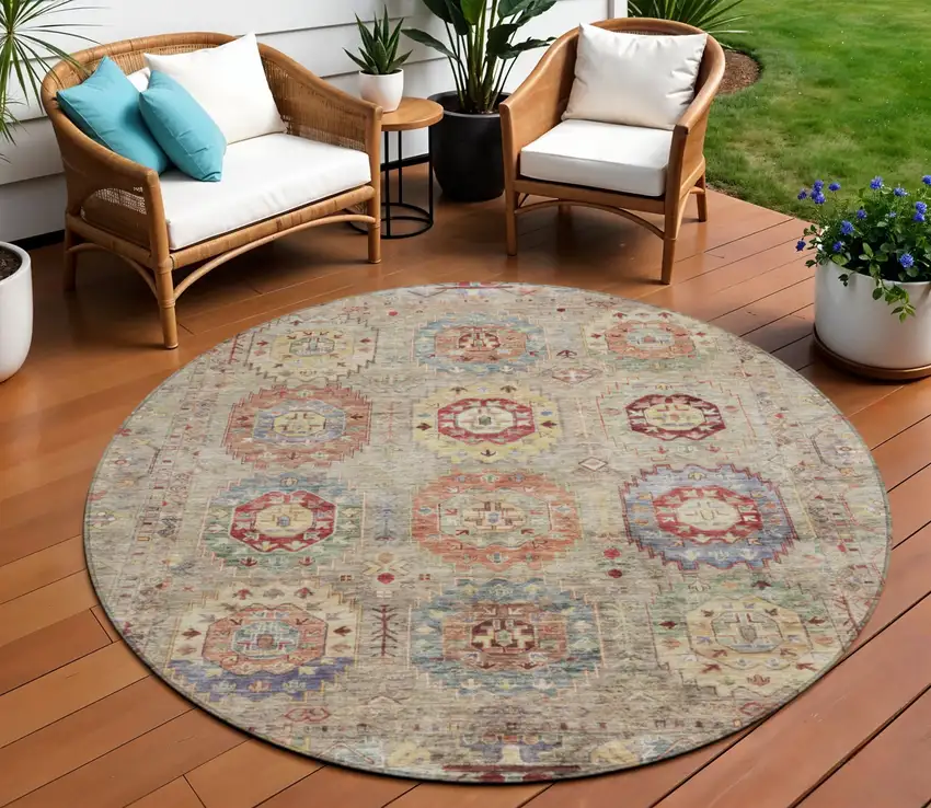 8' Beige Red And Blue Round Medallion Washable Indoor Outdoor Area Rug Photo 1