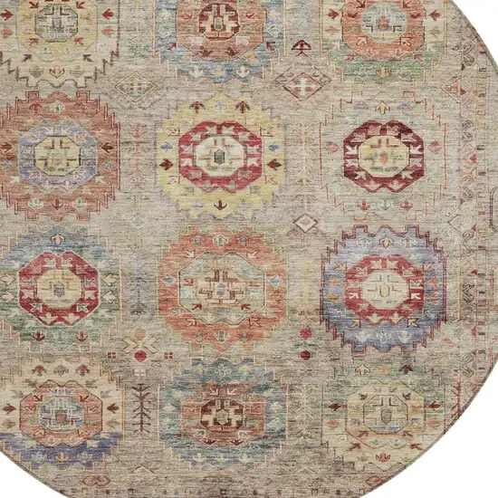 8' Beige Red And Blue Round Medallion Washable Indoor Outdoor Area Rug Photo 6