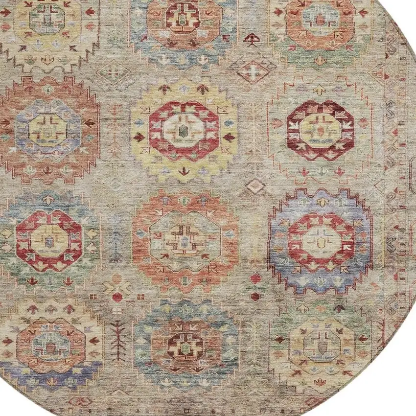 8' Beige Red And Blue Round Medallion Washable Indoor Outdoor Area Rug Photo 6