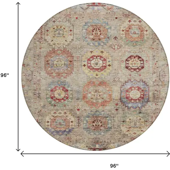 8' Beige Red And Blue Round Medallion Washable Indoor Outdoor Area Rug Photo 3