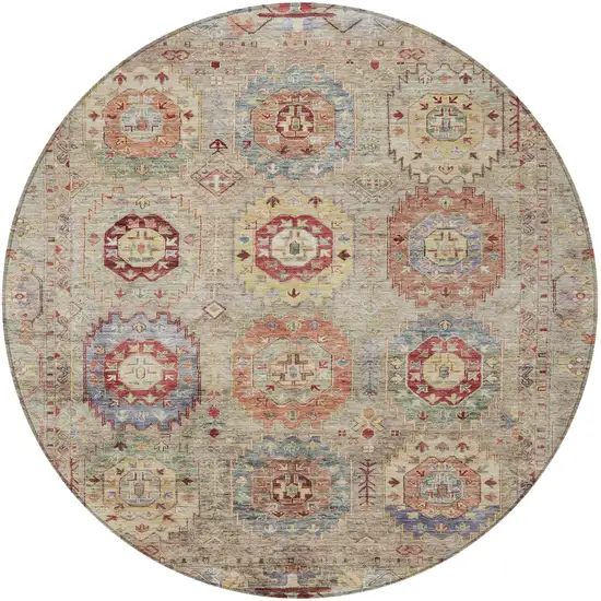 8' Beige Red And Blue Round Medallion Washable Indoor Outdoor Area Rug Photo 4