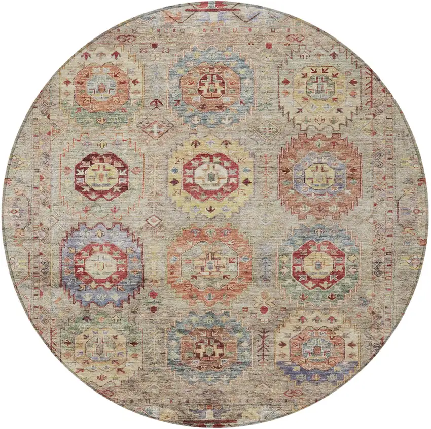 8' Beige Red And Blue Round Medallion Washable Indoor Outdoor Area Rug Photo 4
