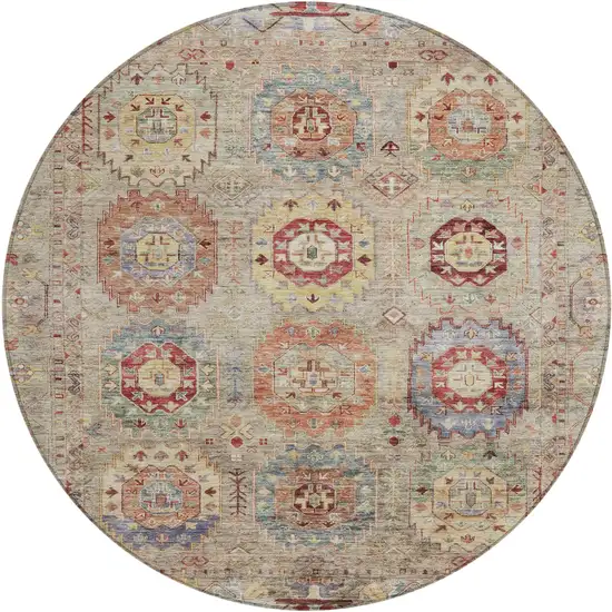 8' Beige Red And Blue Round Medallion Washable Indoor Outdoor Area Rug Photo 2