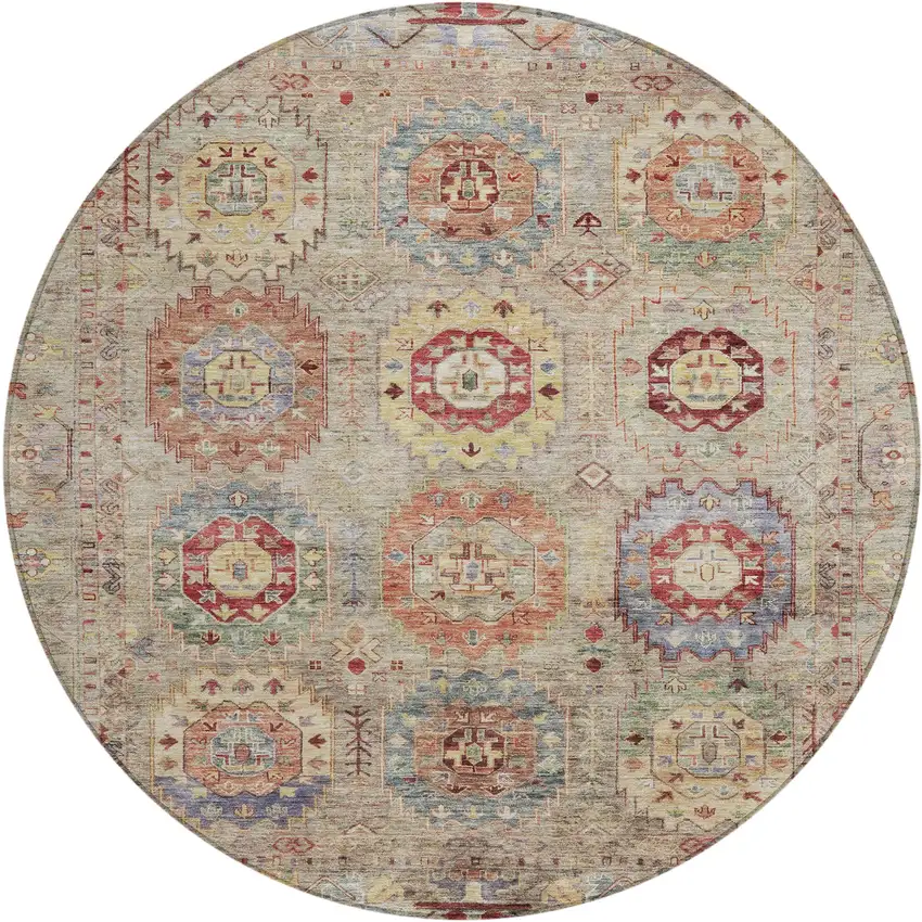 8' Beige Red And Blue Round Medallion Washable Indoor Outdoor Area Rug Photo 2