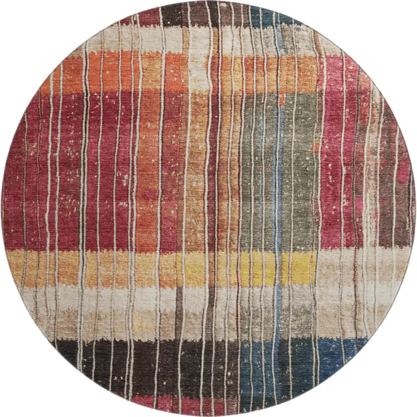 8' Beige Red And Blue Striped Washable Round Rug With UV Protection Photo 1