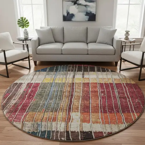 8' Beige Red And Blue Striped Washable Round Rug With UV Protection Photo 2
