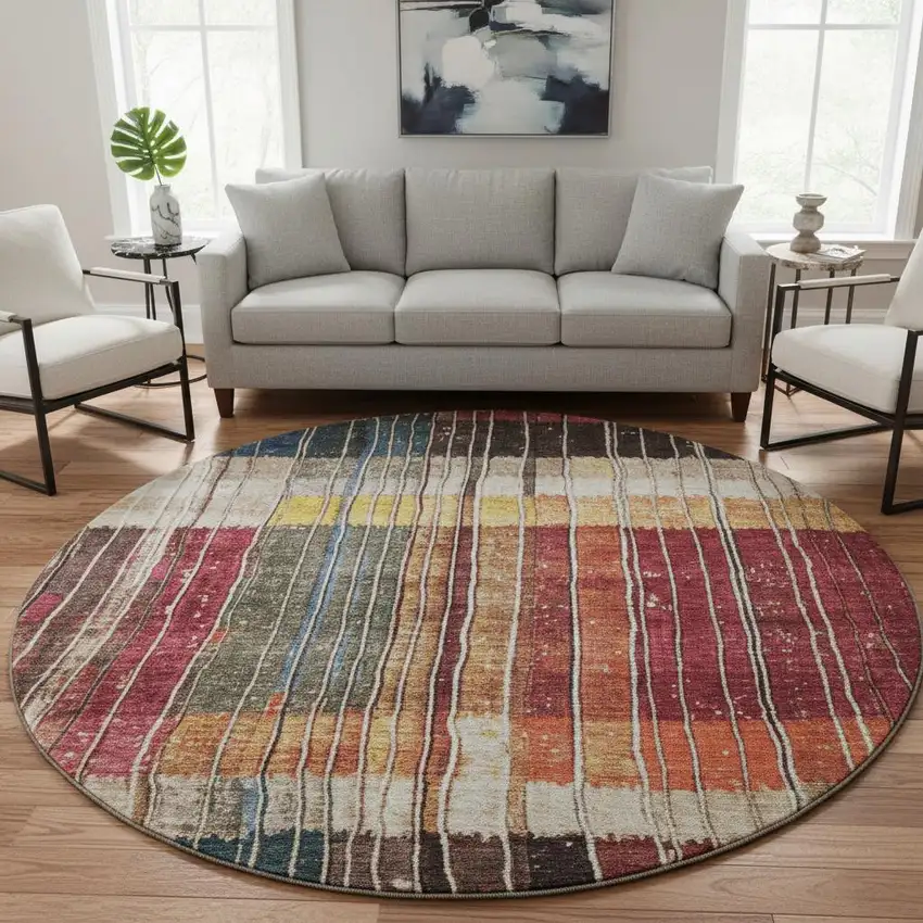 8' Beige Red And Blue Striped Washable Round Rug With UV Protection Photo 2