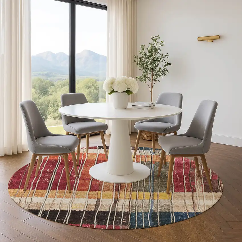 8' Beige Red And Blue Striped Washable Round Rug With UV Protection Photo 5