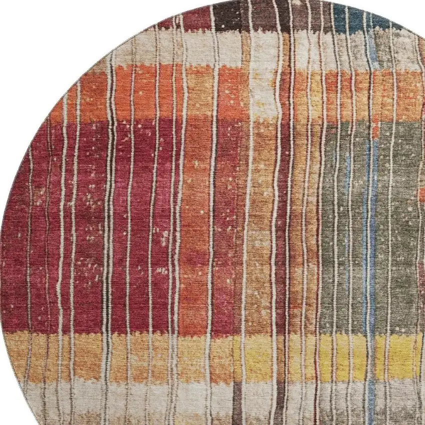 8' Beige Red And Blue Striped Washable Round Rug With UV Protection Photo 4
