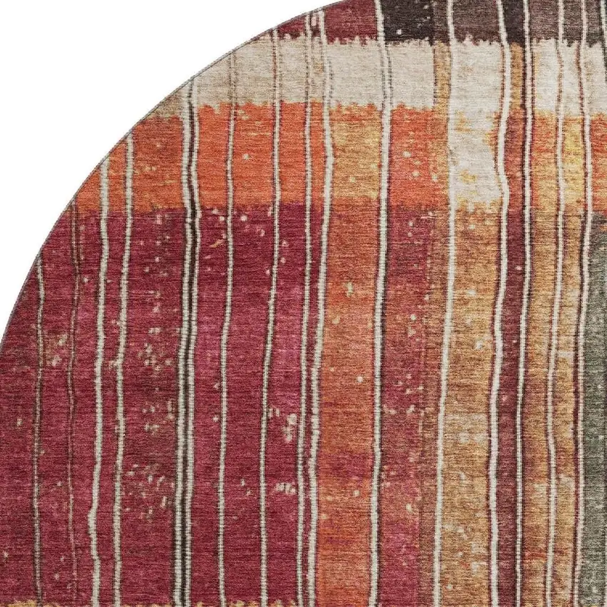 8' Beige Red And Blue Striped Washable Round Rug With UV Protection Photo 3