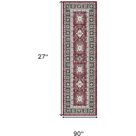 8' Beige Red And Gray Oriental Distressed Non Skid Runner Rug Photo 3