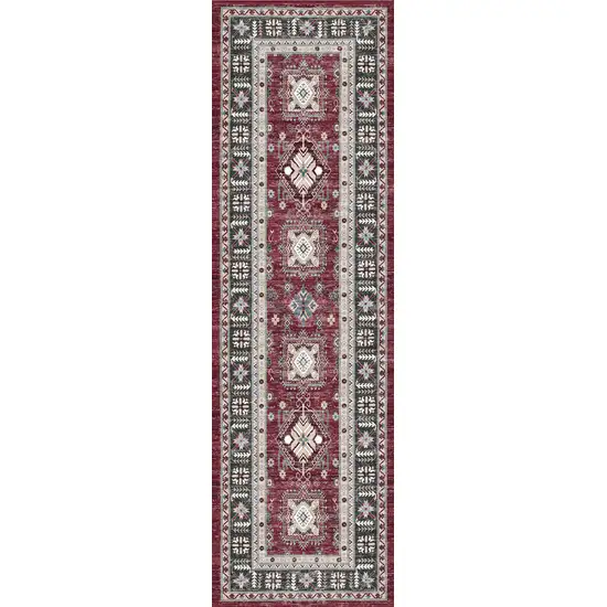 8' Beige Red And Gray Oriental Distressed Non Skid Runner Rug Photo 9